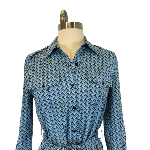 Tory Burch Blue Geometric Print Belted Button Down Silk Dress Women’s Size 2 - Picture 3 of 9